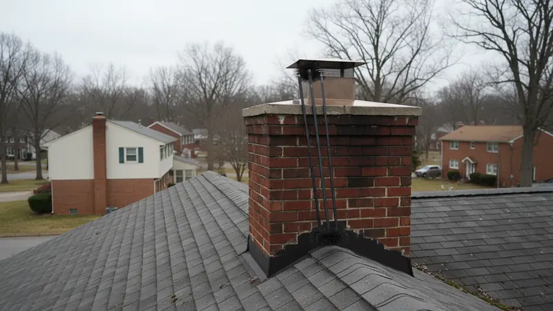 A flue liner and flashing at the roofline, where most chimney work actually happens Chimney work in Howard County, MD.